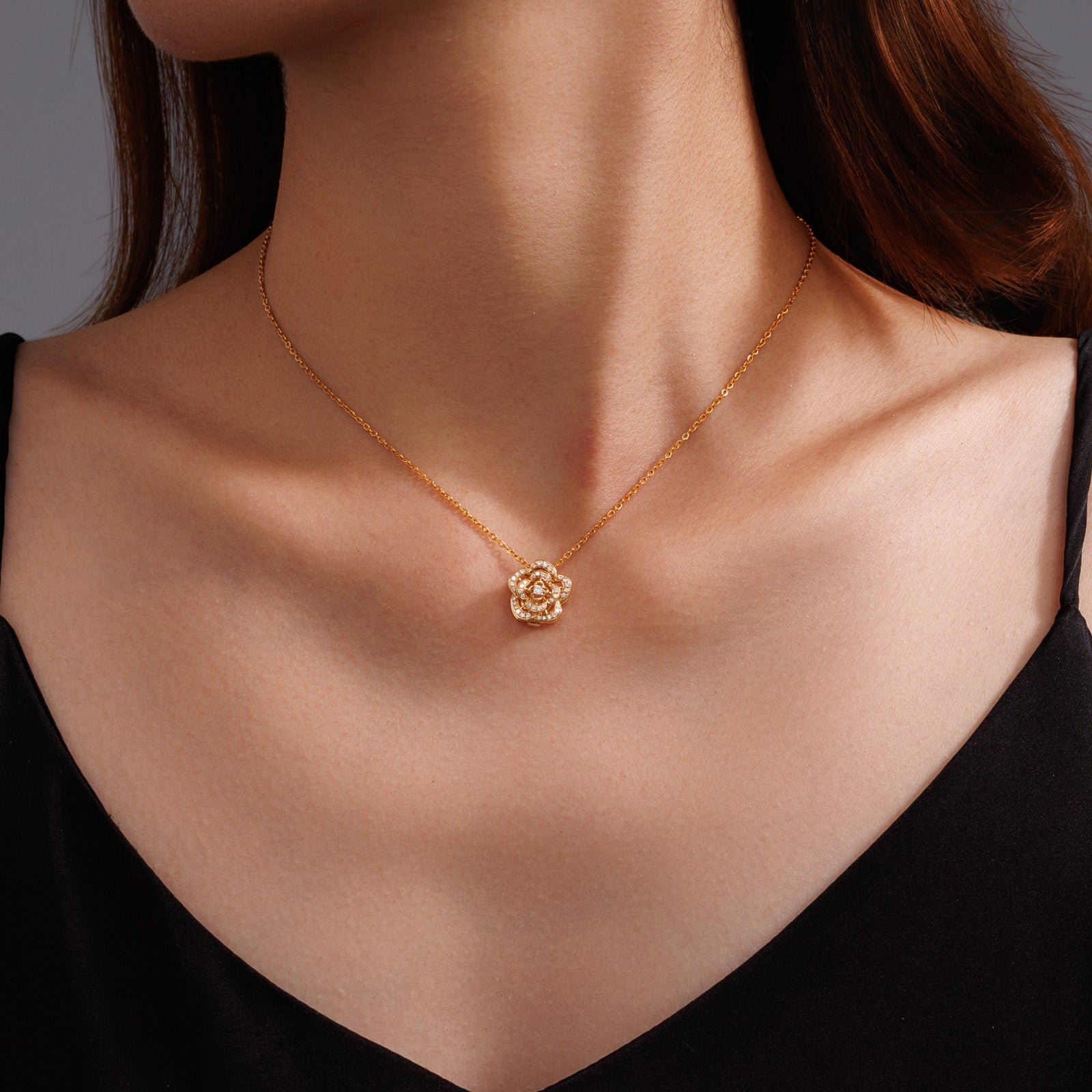 0.2ct Natural Diamond Camellia flower pendant Multi-Use 18K Gold