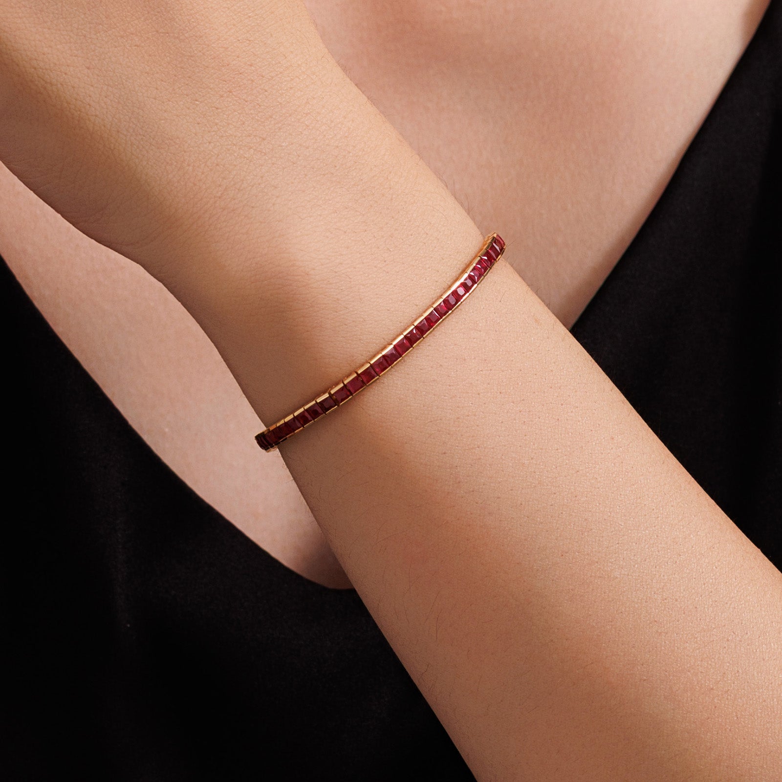 5.95ct Natural Ruby Full Tennis Bracelet in 18K Yellow Gold