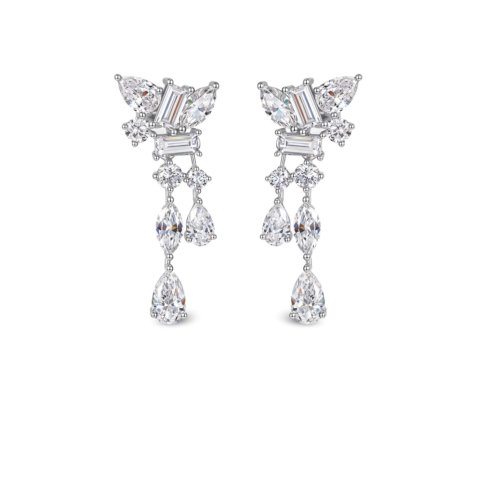 2CT Total Lab Grown Diamond Multi-Cut Tiered Drop Earrings 14K White Gold