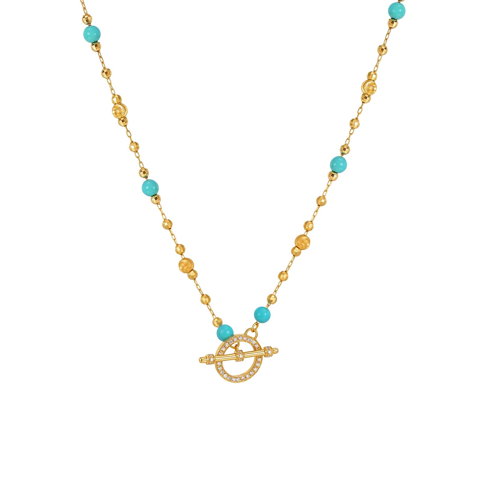 4.5CT Turquoise & Laser Cut Bead Necklace with Diamond Paved OT Toggle Clasp in 18K