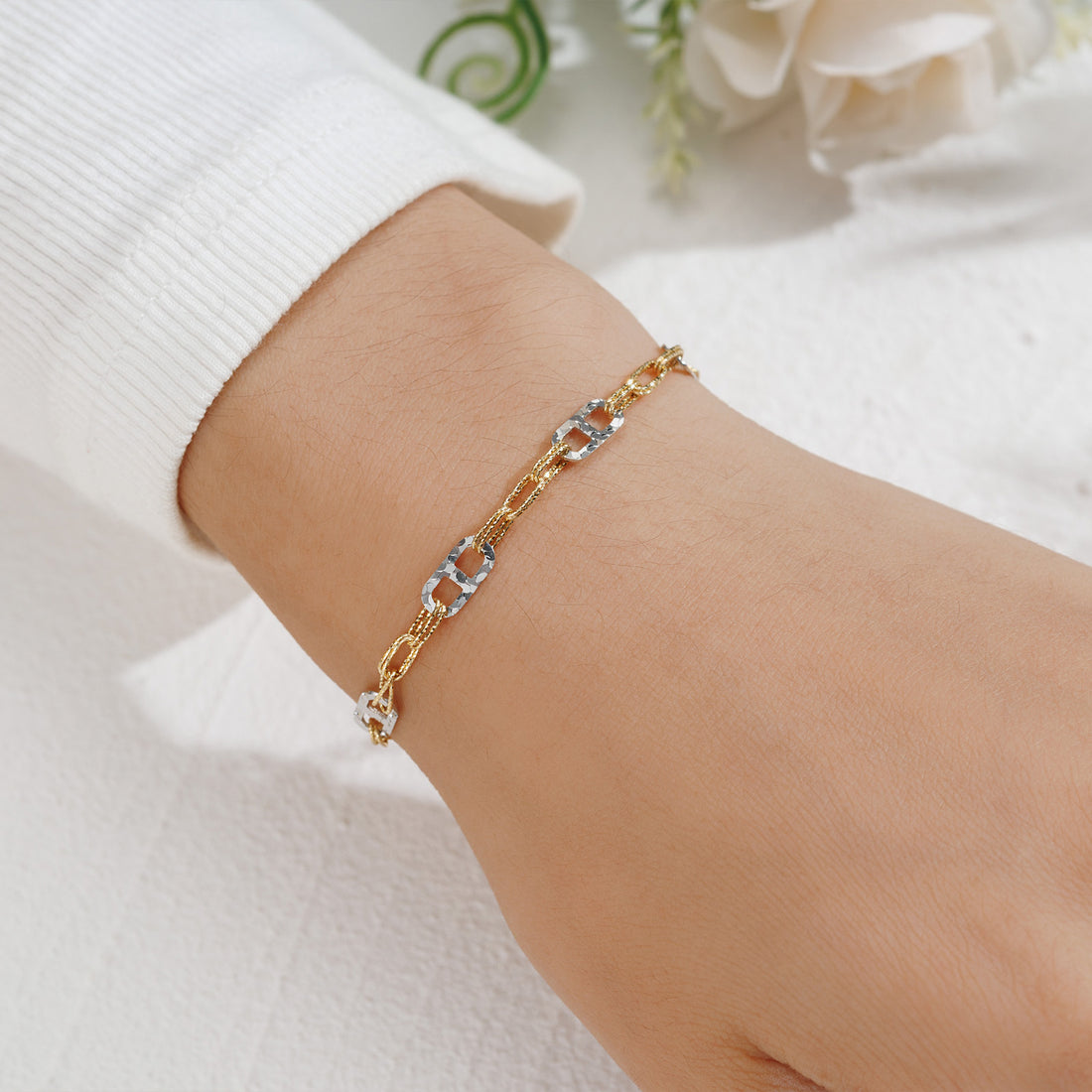 18K Gold Crushed Ice Faceted Two-Tone Chain Bracelet