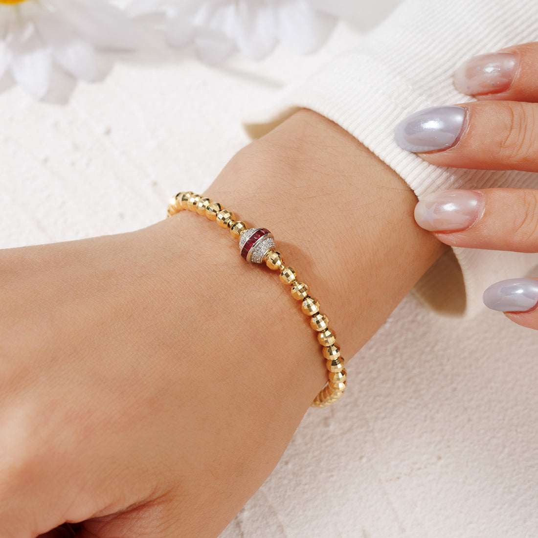 Natural Diamond Ruby Laser-Cut Gold Bead Stretch Bracelet in 18K Gold