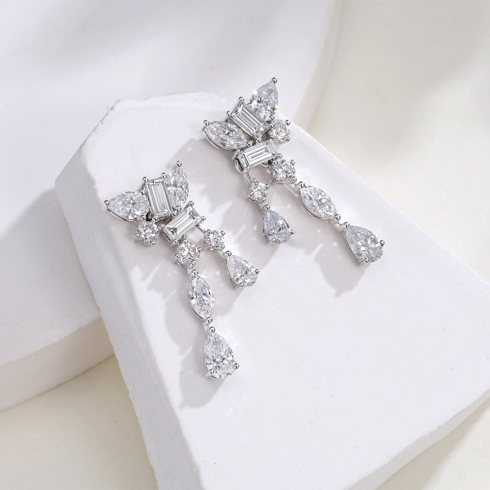 2CT Total Lab Grown Diamond Multi-Cut Tiered Drop Earrings 14K White Gold
