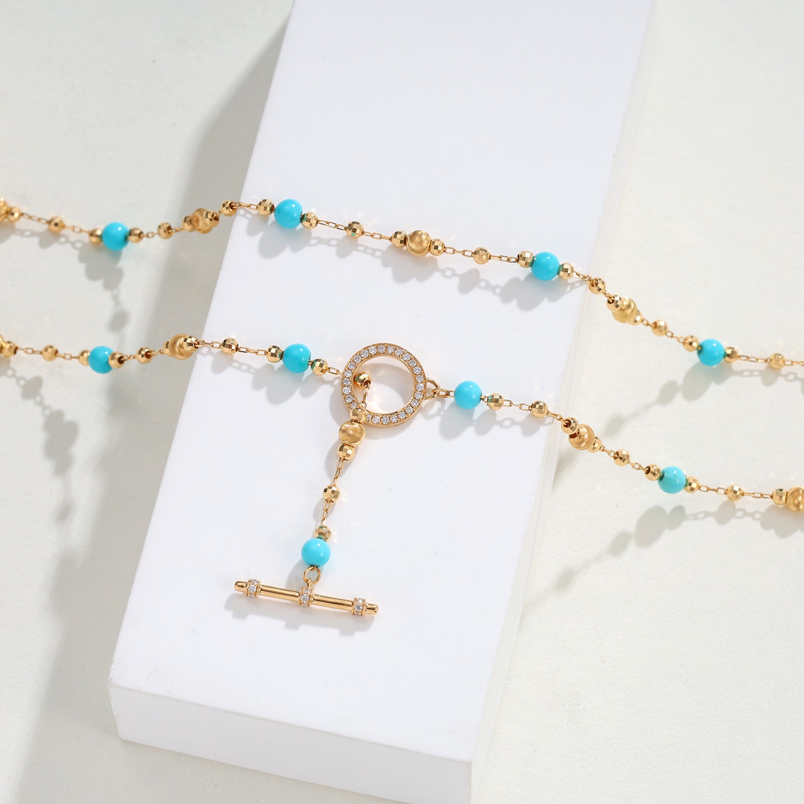 4.5CT Turquoise & Laser Cut Bead Necklace with Diamond Paved OT Toggle Clasp in 18K