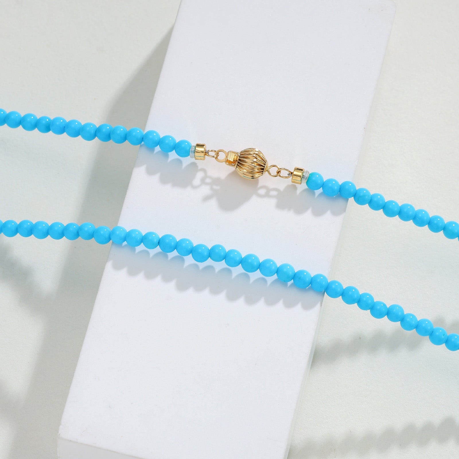3mm Bright Blue Turquoise Bead Necklace 18K Gold Lantern Toggle Clasp