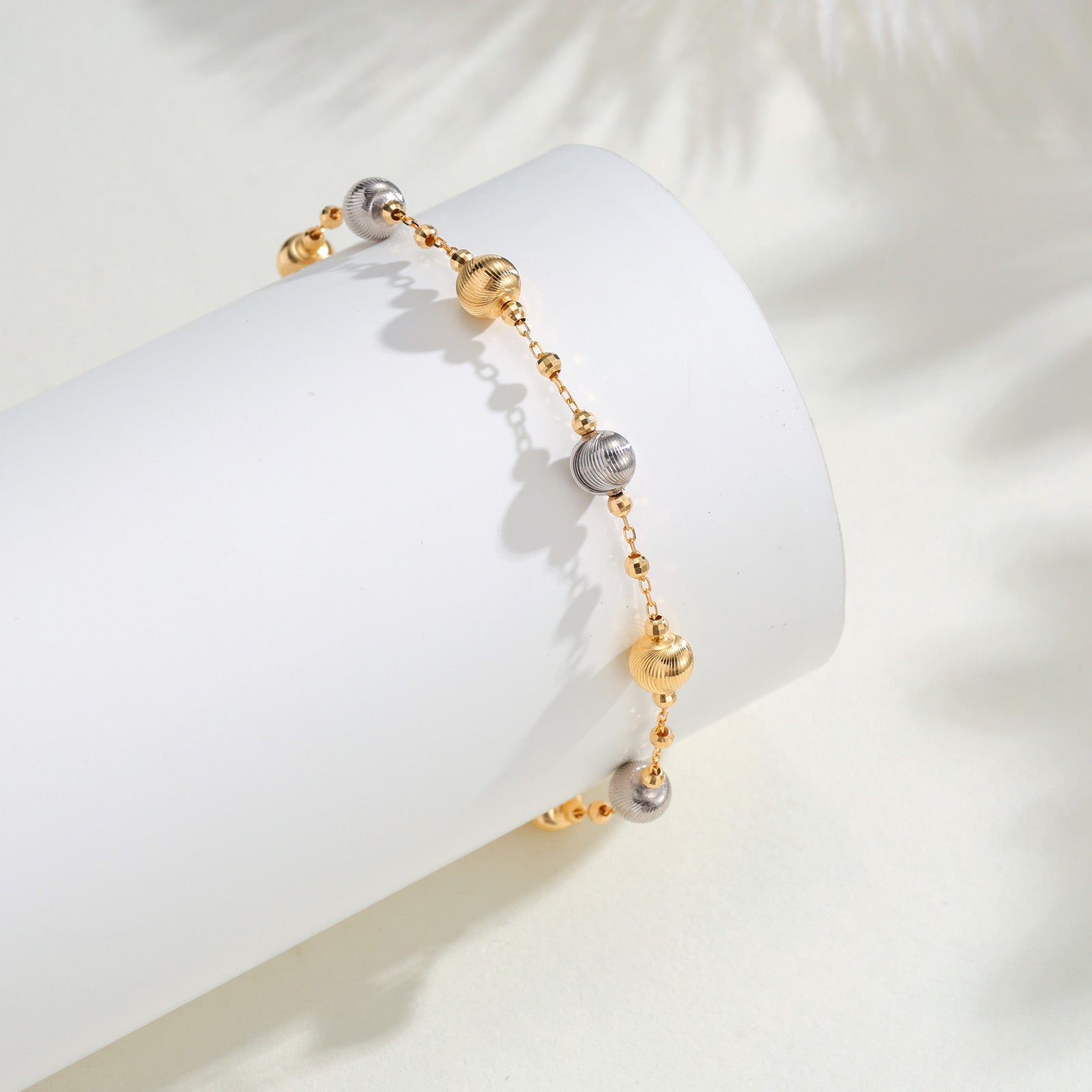 Two-Tone Textured Cat's Eye Bead Station Bracelet in 18K