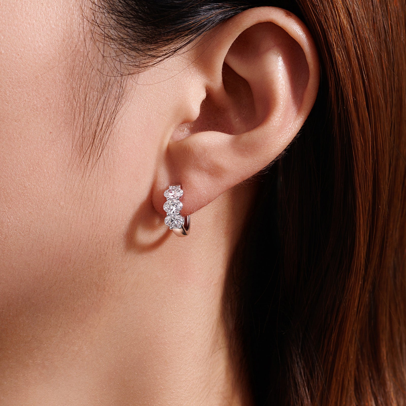 1.48CT Lab Grown Diamond Three Oval Huggie Hoop Earrings 14K