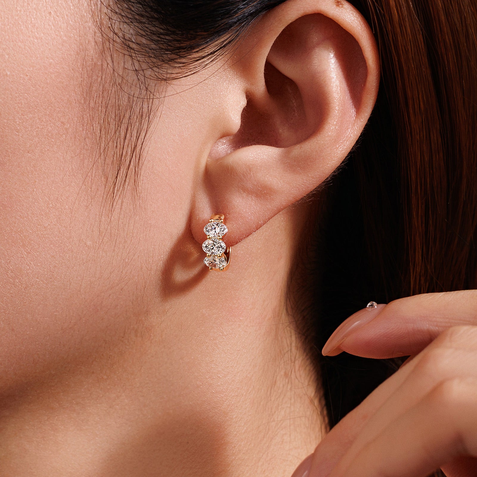 1.48CT Lab Grown Diamond Three Oval Huggie Hoop Earrings 14K