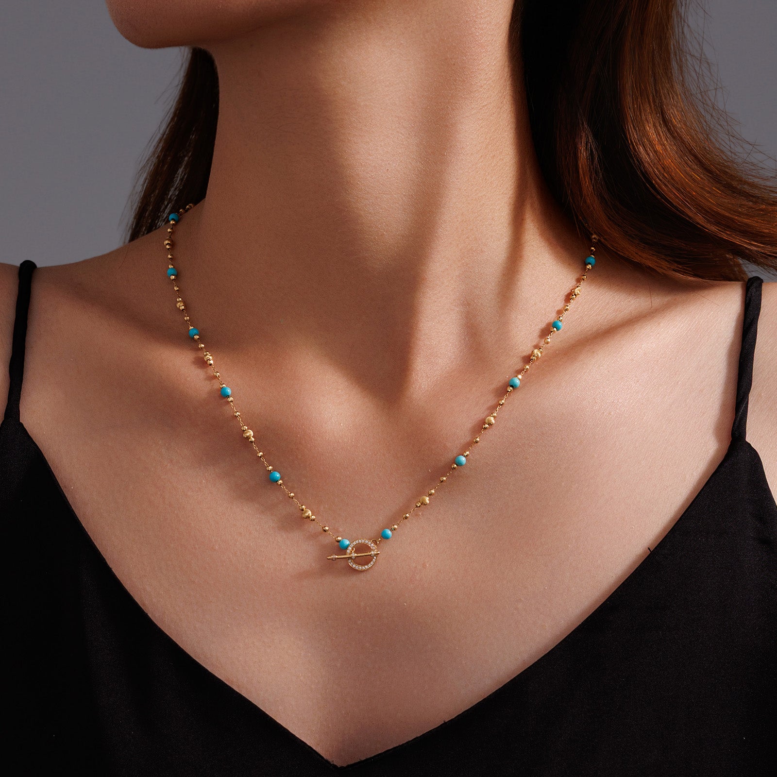 4.5CT Turquoise & Laser Cut Bead Necklace with Diamond Paved OT Toggle Clasp in 18K