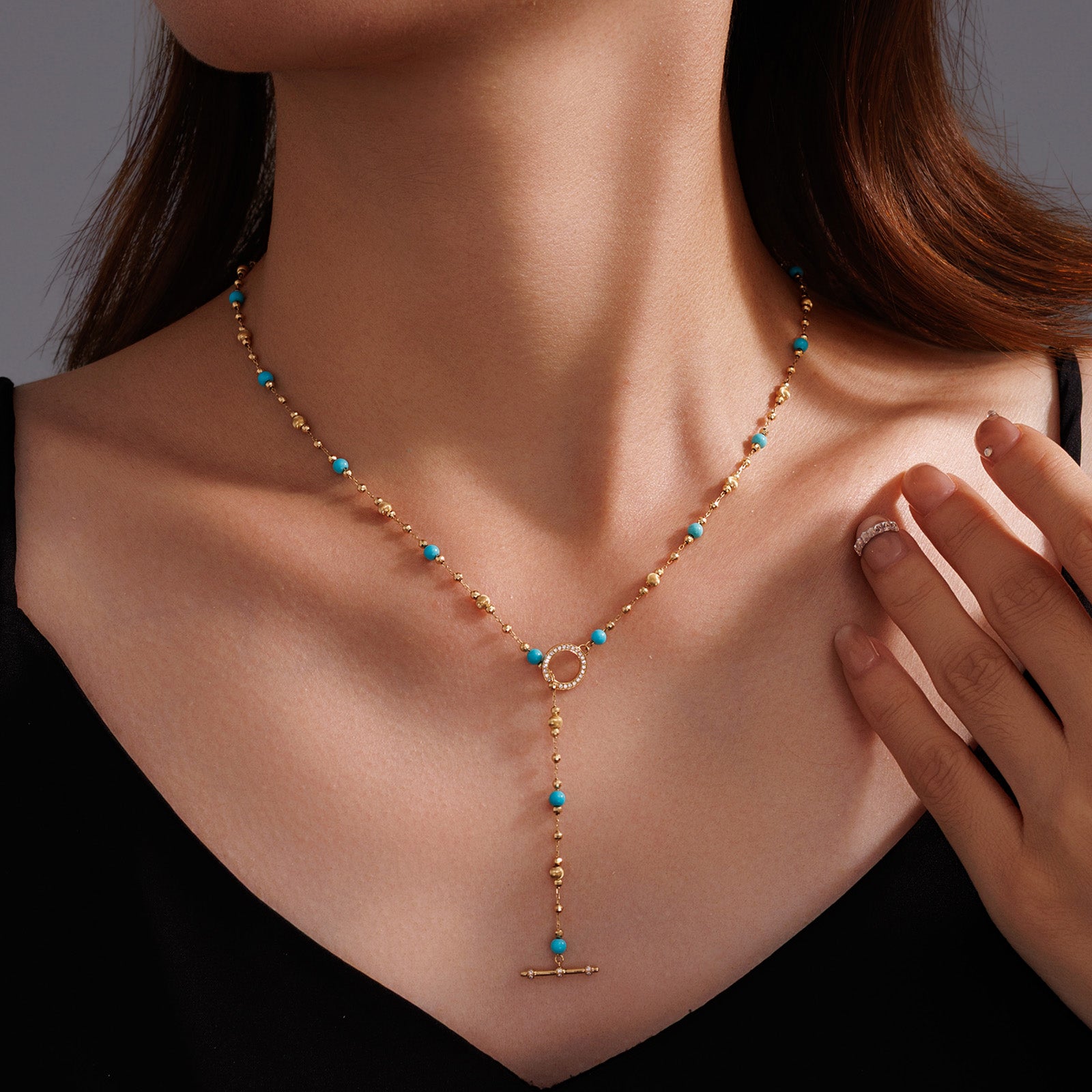 4.5CT Turquoise & Laser Cut Bead Necklace with Diamond Paved OT Toggle Clasp in 18K