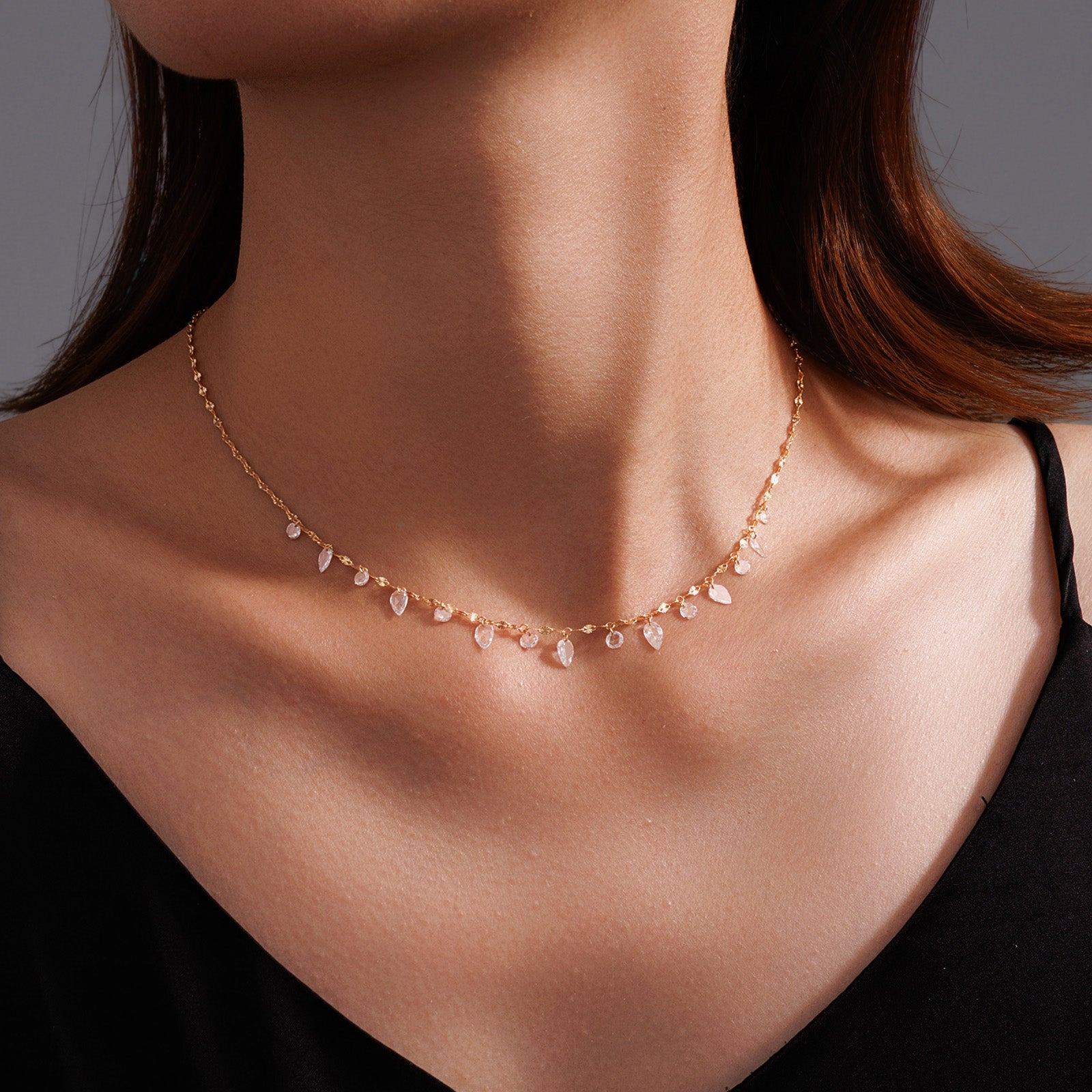 1.44CT Lab-Diamond Teardrop & Round Dangle Station Necklace 14K