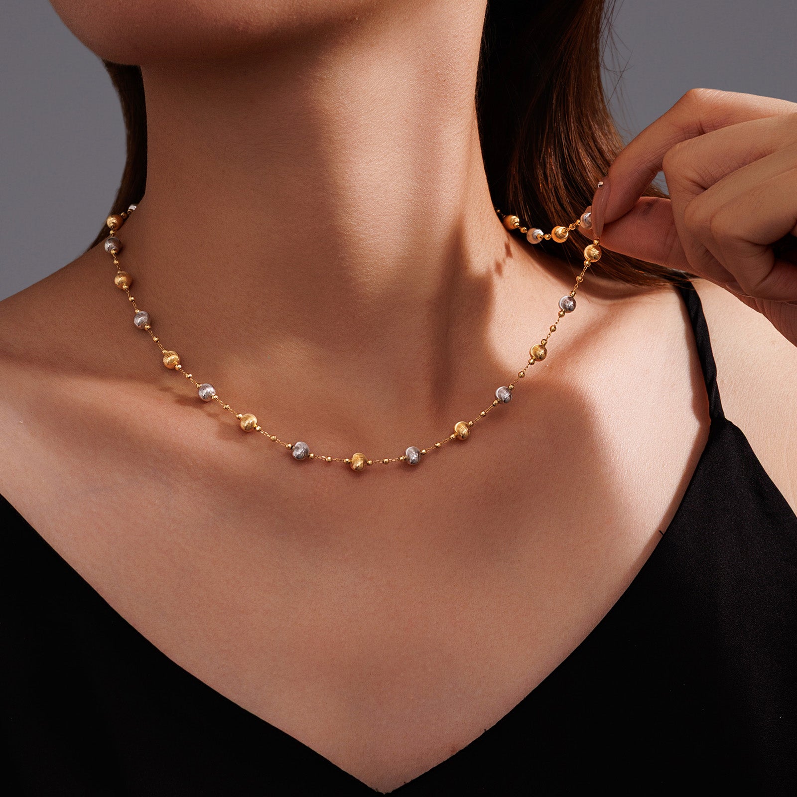 Two-Tone Cat's Eye Bead Station Necklace in 18K