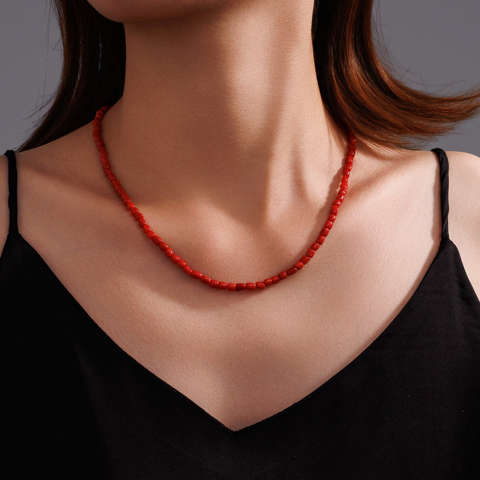 Natural Oxblood Japanese Aka Coral  Tiny Rice Bead Single Strand Necklace with Silver Clasp