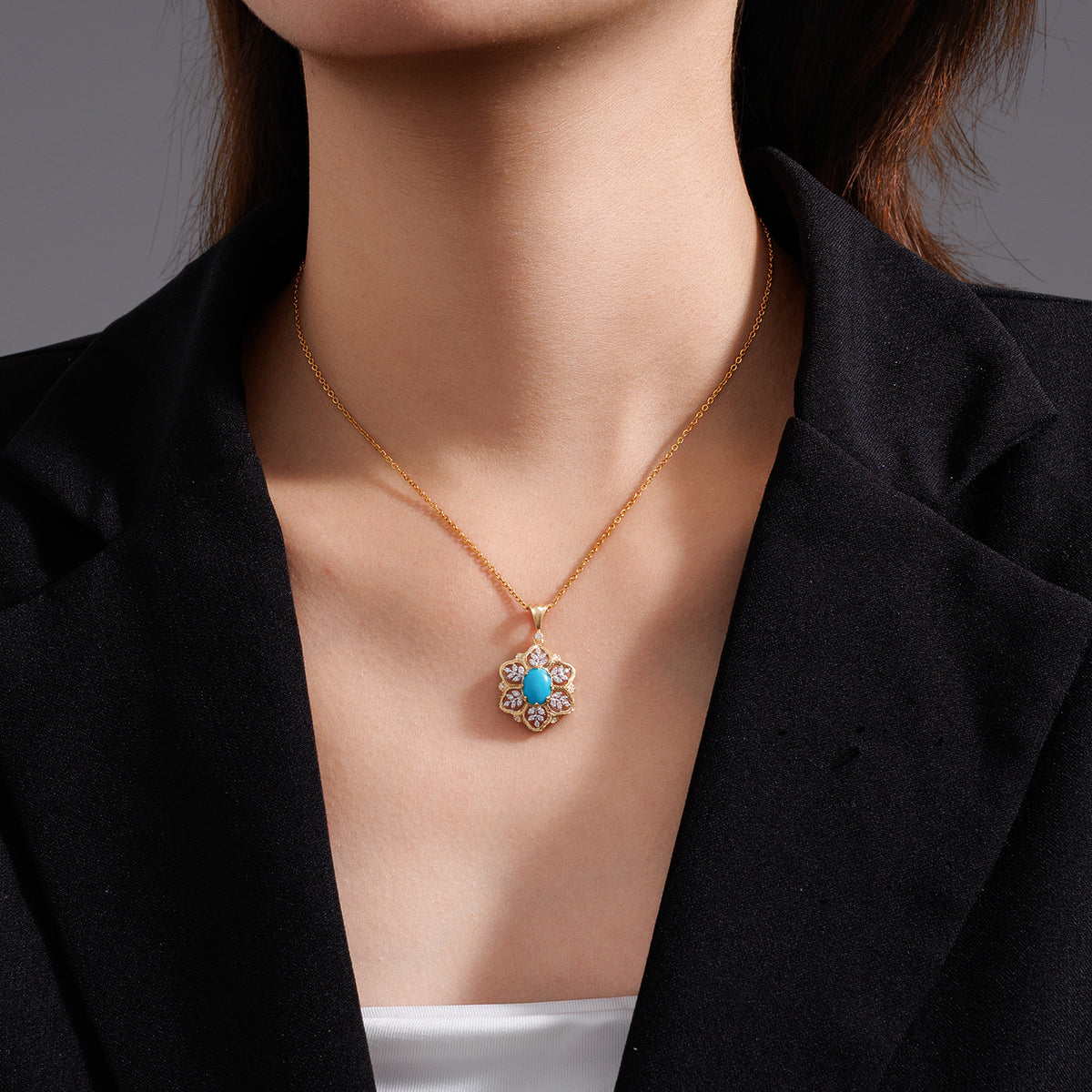 1.2CT Natural Turquoise Filigree Diamond Pendant in 18K(Pendant Only)
