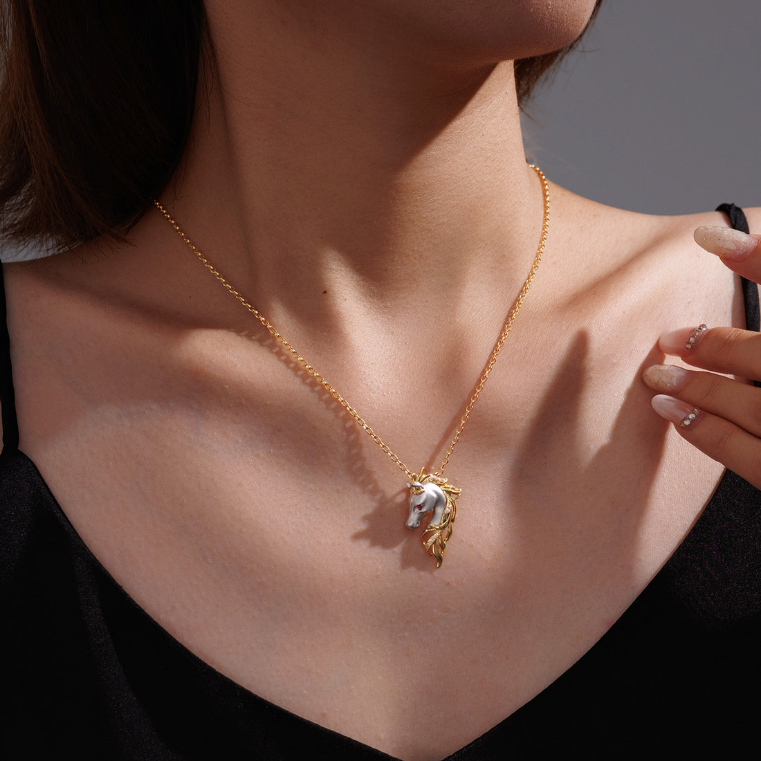 Horse Pendant With Ruby Necklace In 18K Yellow&White Gold