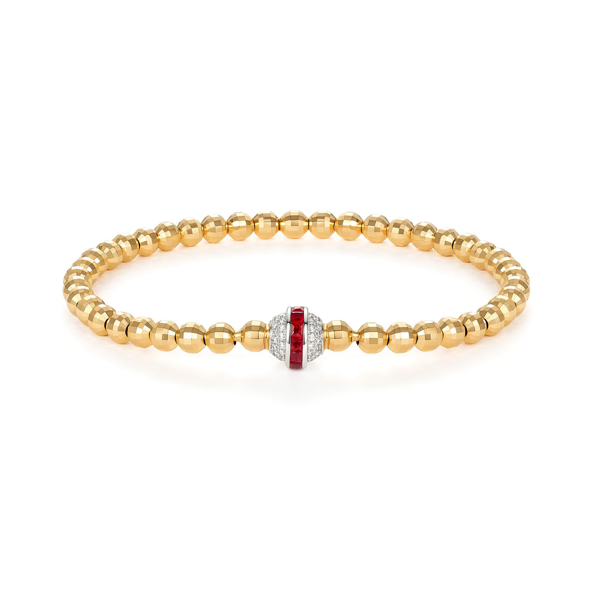 Natural Diamond Ruby Laser-Cut Gold Bead Stretch Bracelet in 18K Gold
