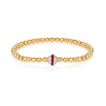 Natural Diamond Ruby Laser-Cut Gold Bead Stretch Bracelet in 18K Gold
