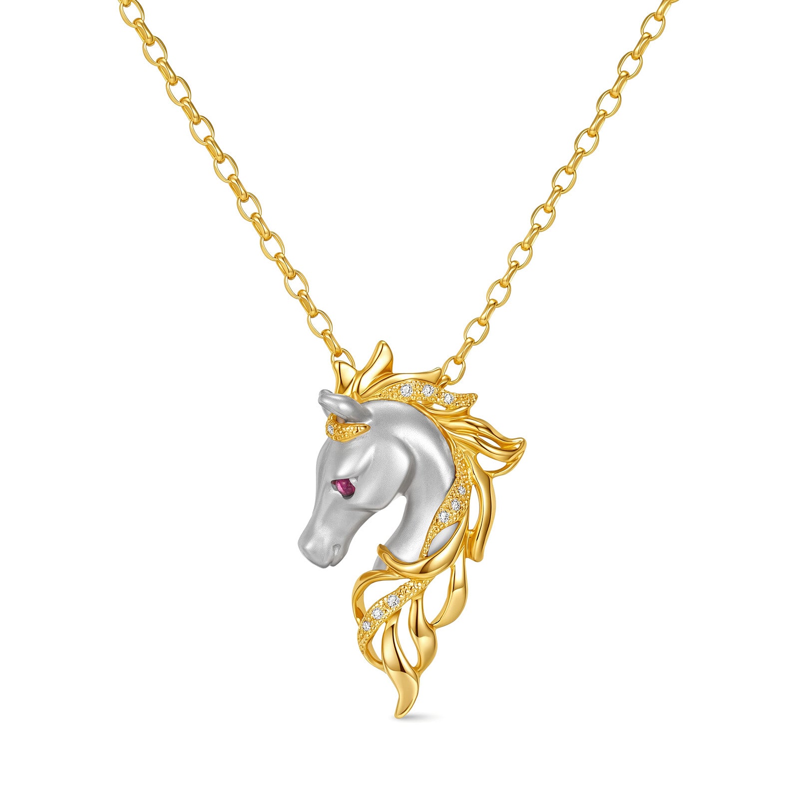 Horse Pendant With Ruby Necklace In 18K Yellow&White Gold