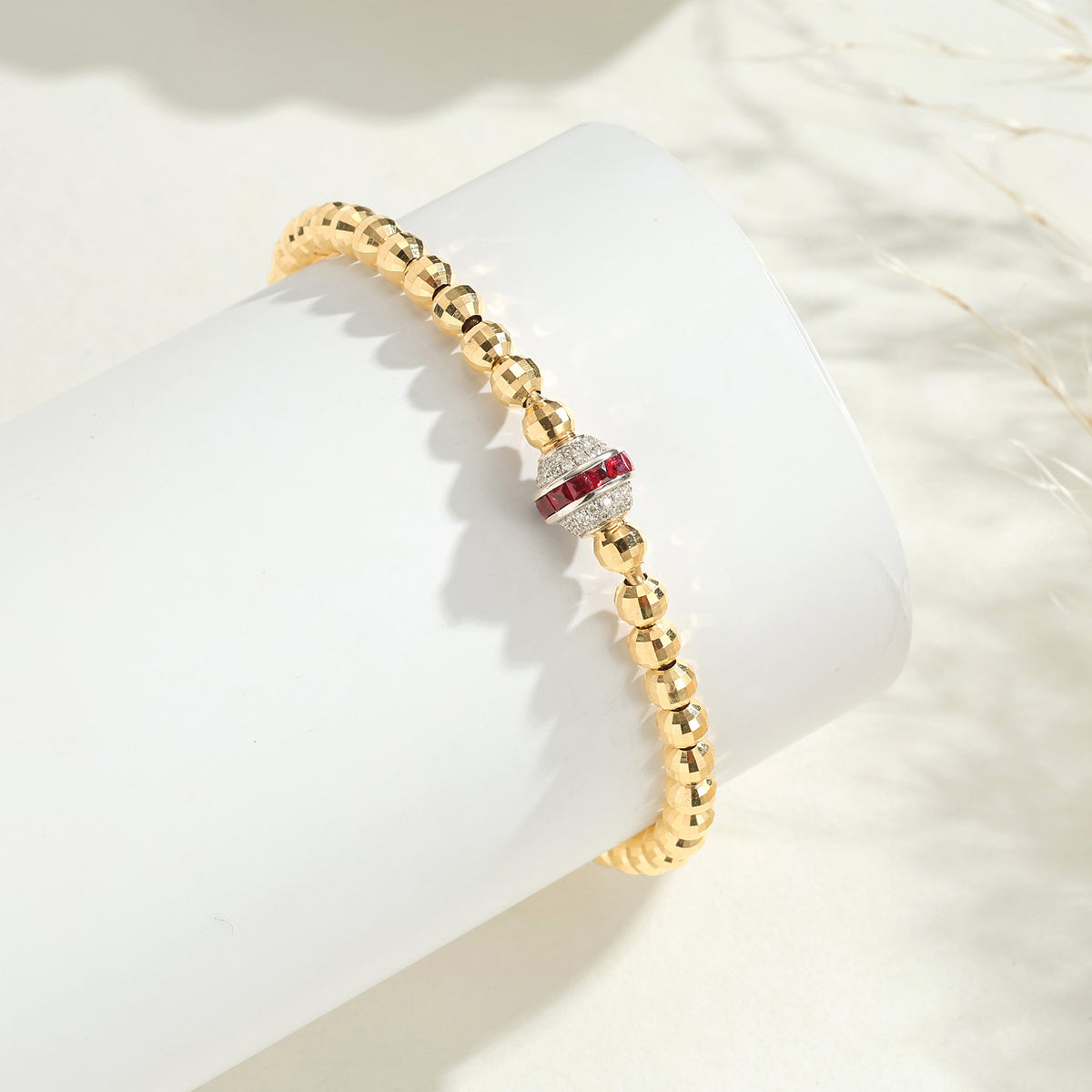 Natural Diamond Ruby Laser-Cut Gold Bead Stretch Bracelet in 18K Gold