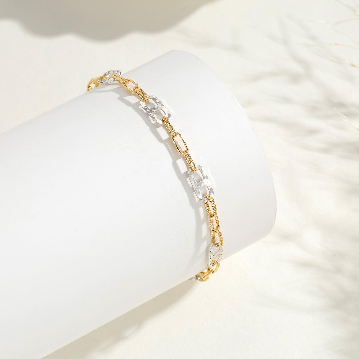 18K Solid Gold Crushed Ice Faceted Two-Tone Chain Bracelet