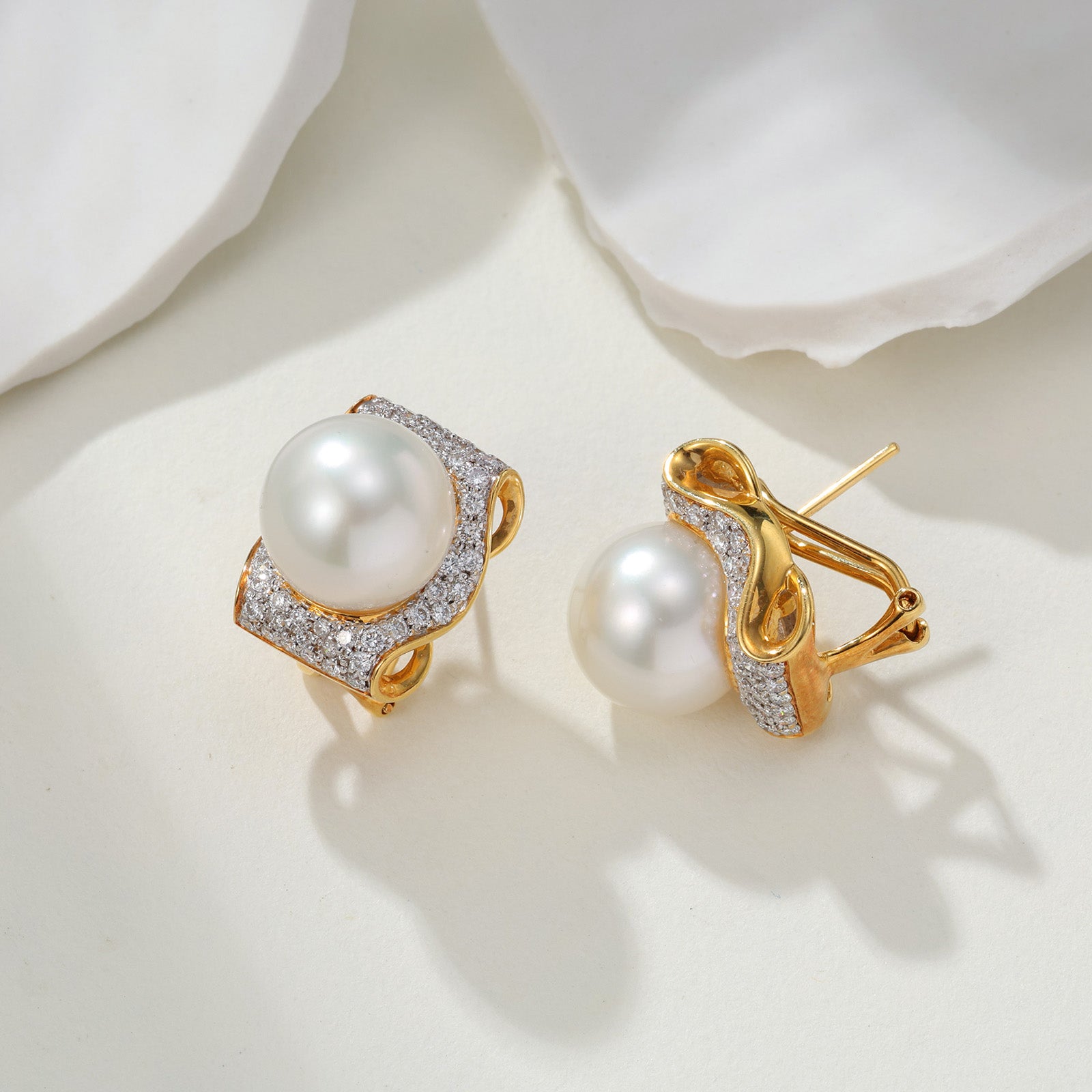 K18 Gold Pavé Diamond South Sea Pearl Omega Back Earrings