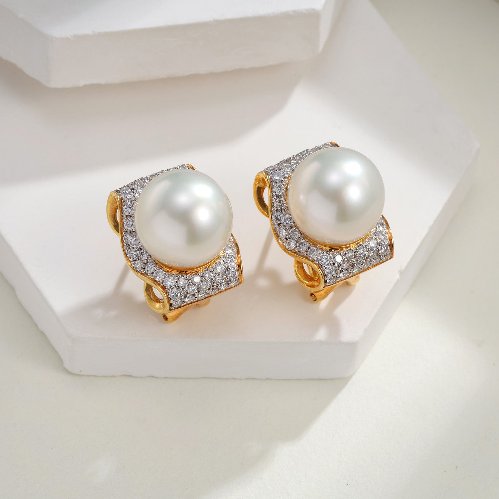 K18 Gold Pavé Diamond South Sea Pearl Omega Back Earrings