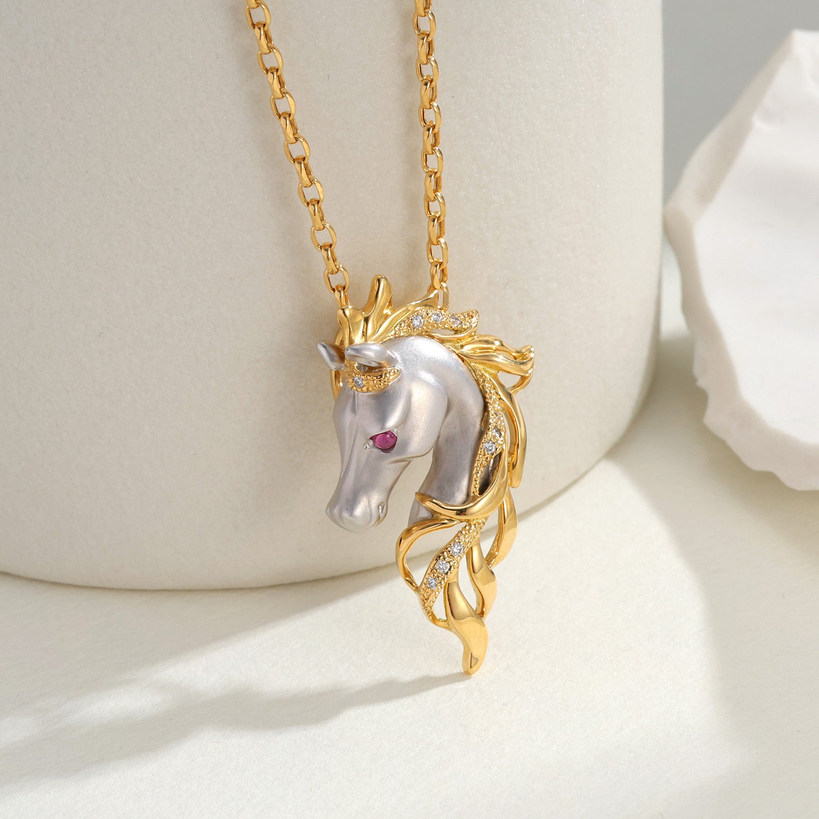 Horse Pendant With Ruby Necklace In 18K Yellow&White Gold