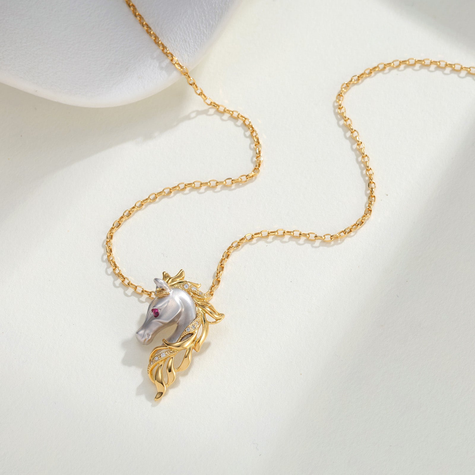 Horse Pendant With Ruby Necklace In 18K Yellow&White Gold