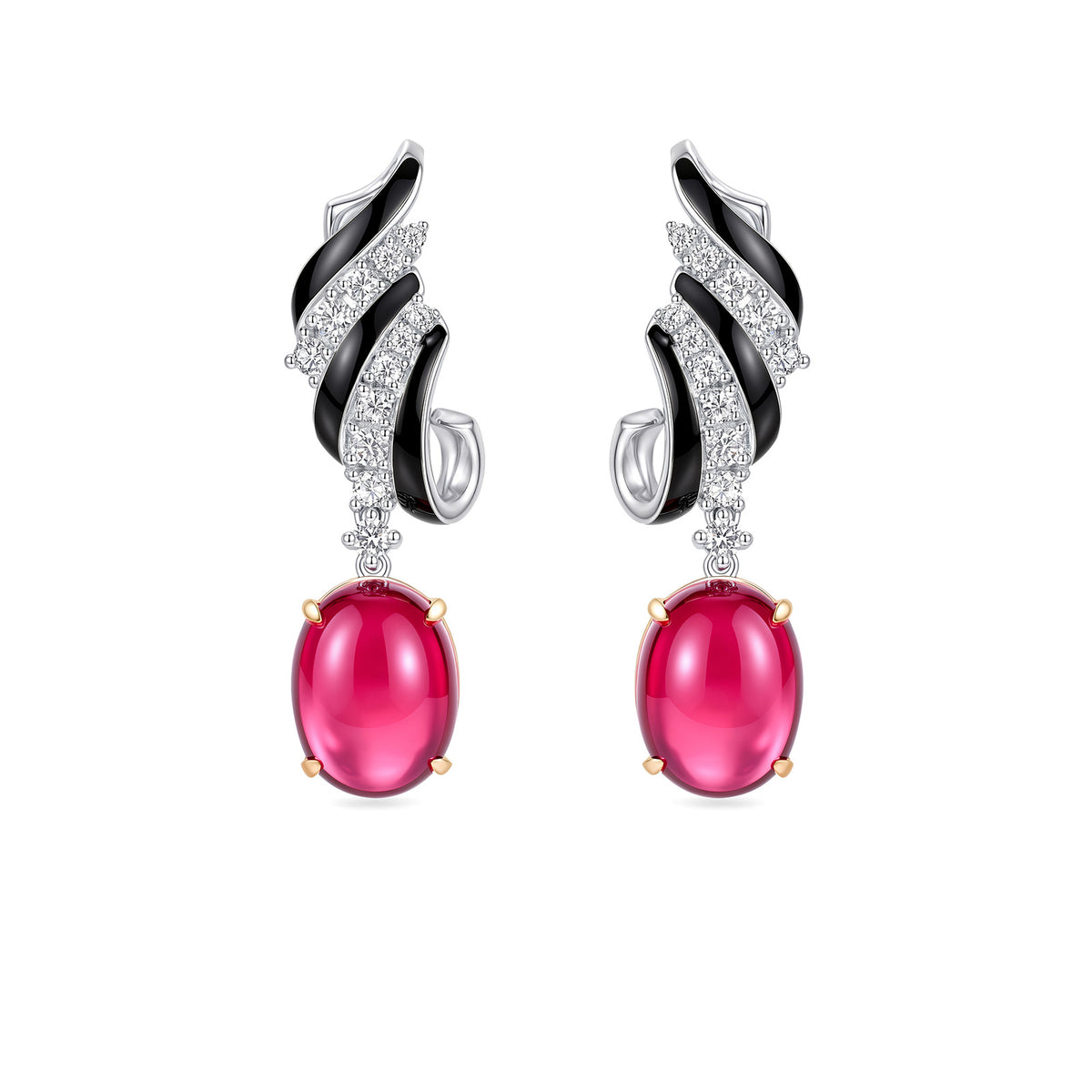 7.13CT Natural Tourmaline Black Enamel Diamond Drop Earrings in 18K