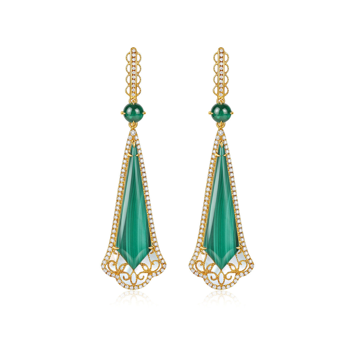 0.6CT Natural Emerald&Diamonds&Malachite Teardrop Drop Earrings in 18K Gold