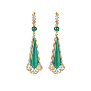 0.6CT Natural Emerald&Diamonds&Malachite Teardrop Drop Earrings in 18K Gold