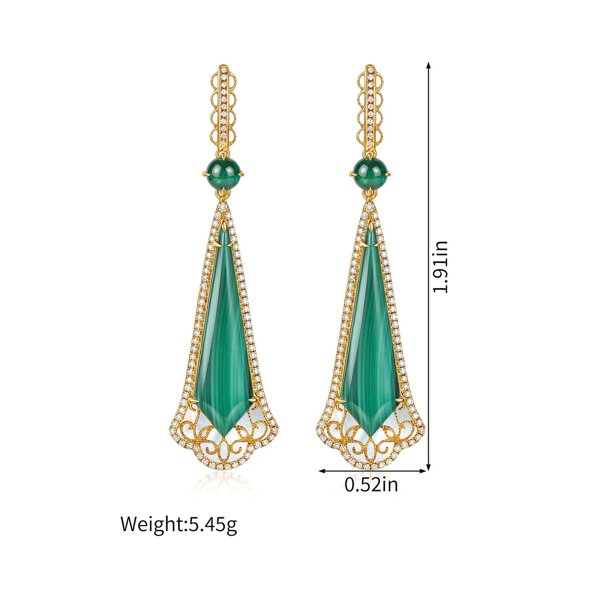 0.6CT Natural Emerald&Diamonds&Malachite Teardrop Drop Earrings in 18K Gold