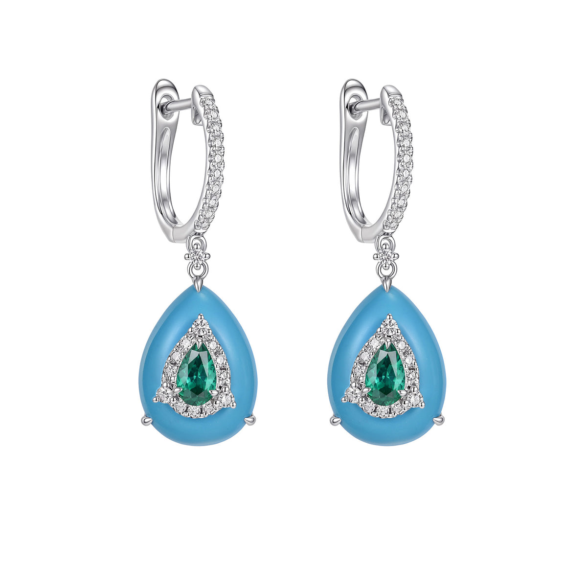 Natural Emerald Teardrop Diamond Earrings in 18K