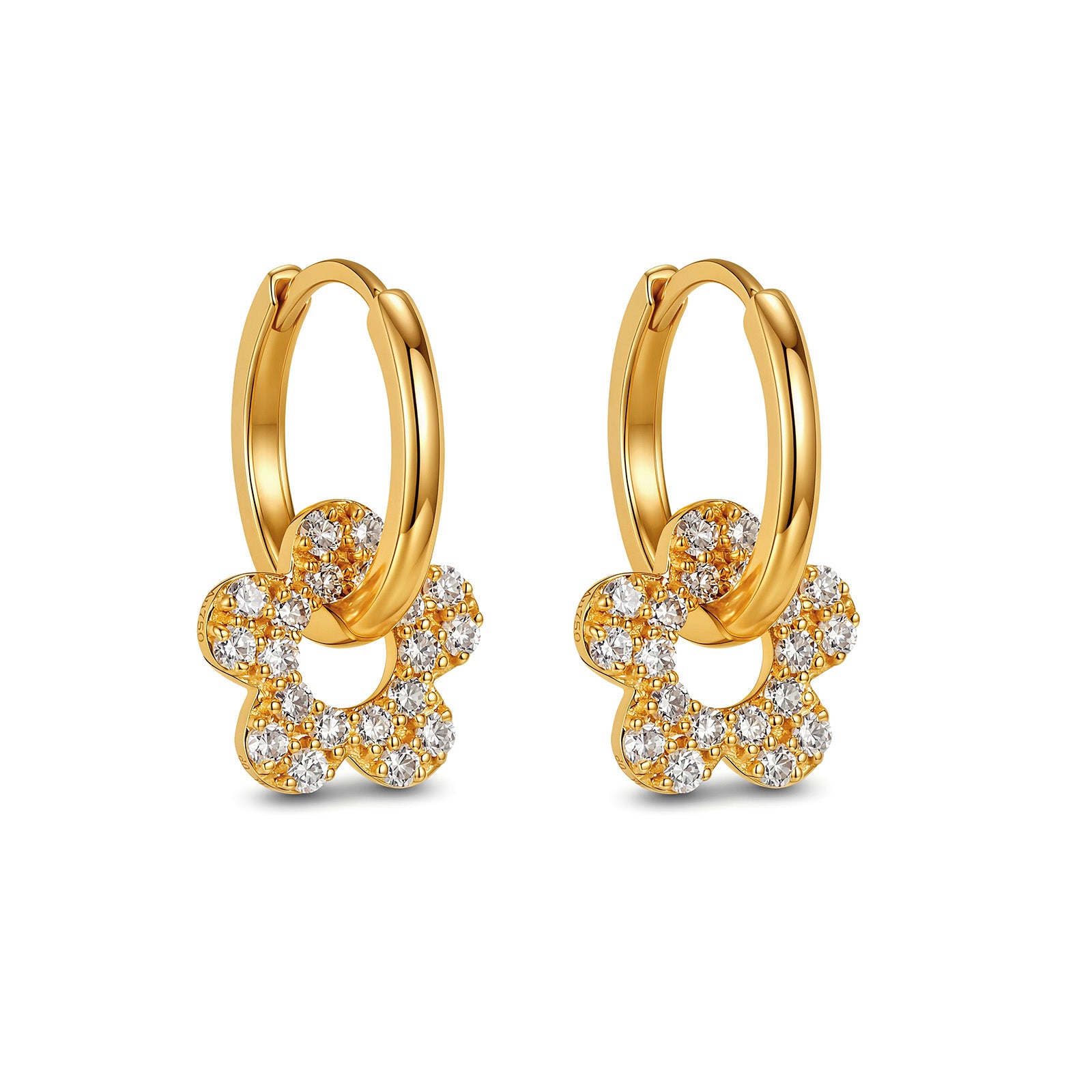 18K Yellow Gold Flower Diamond Hoop Earrings