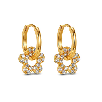 18K Yellow Gold Flower Diamond Hoop Earrings