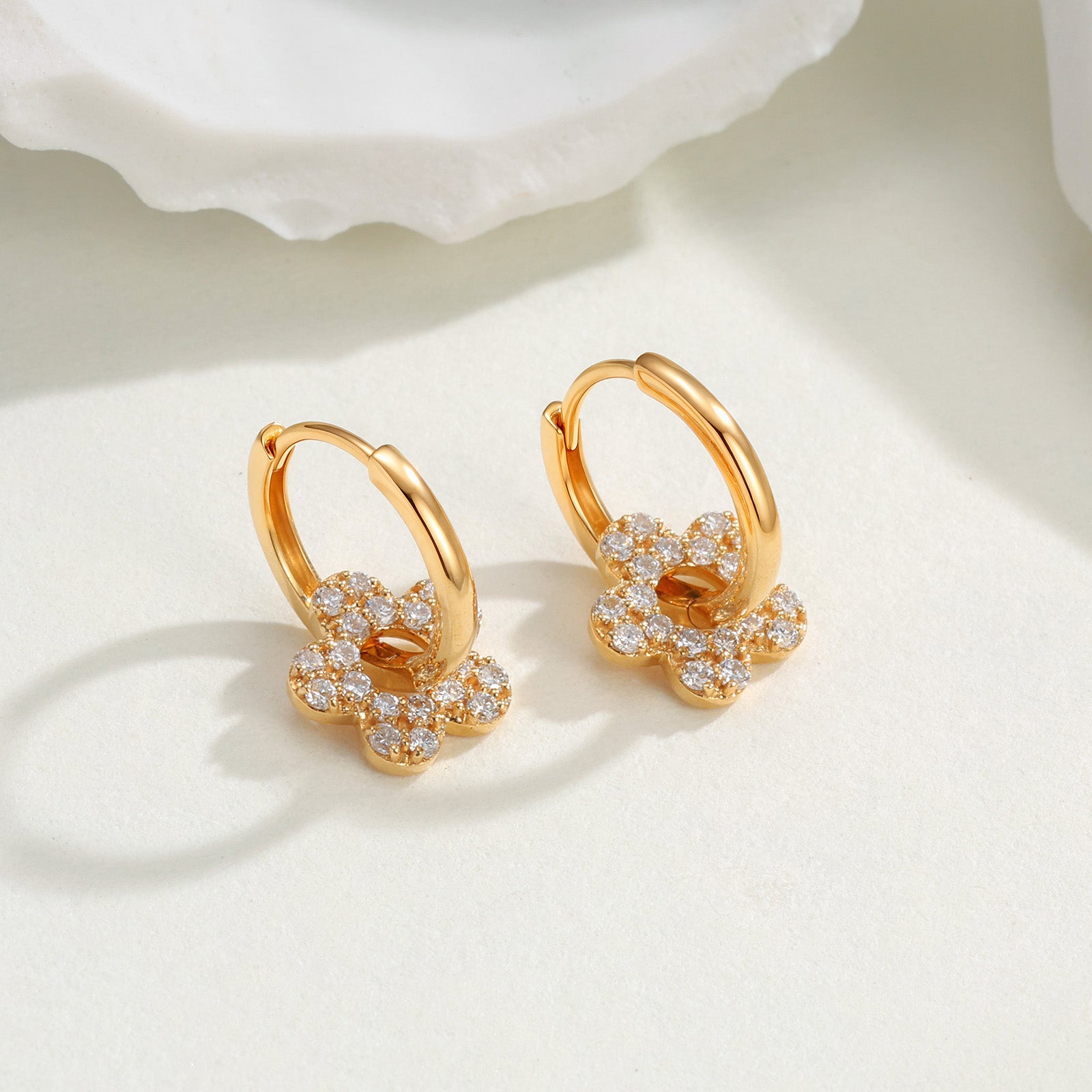 18K Yellow Gold Flower Diamond Hoop Earrings