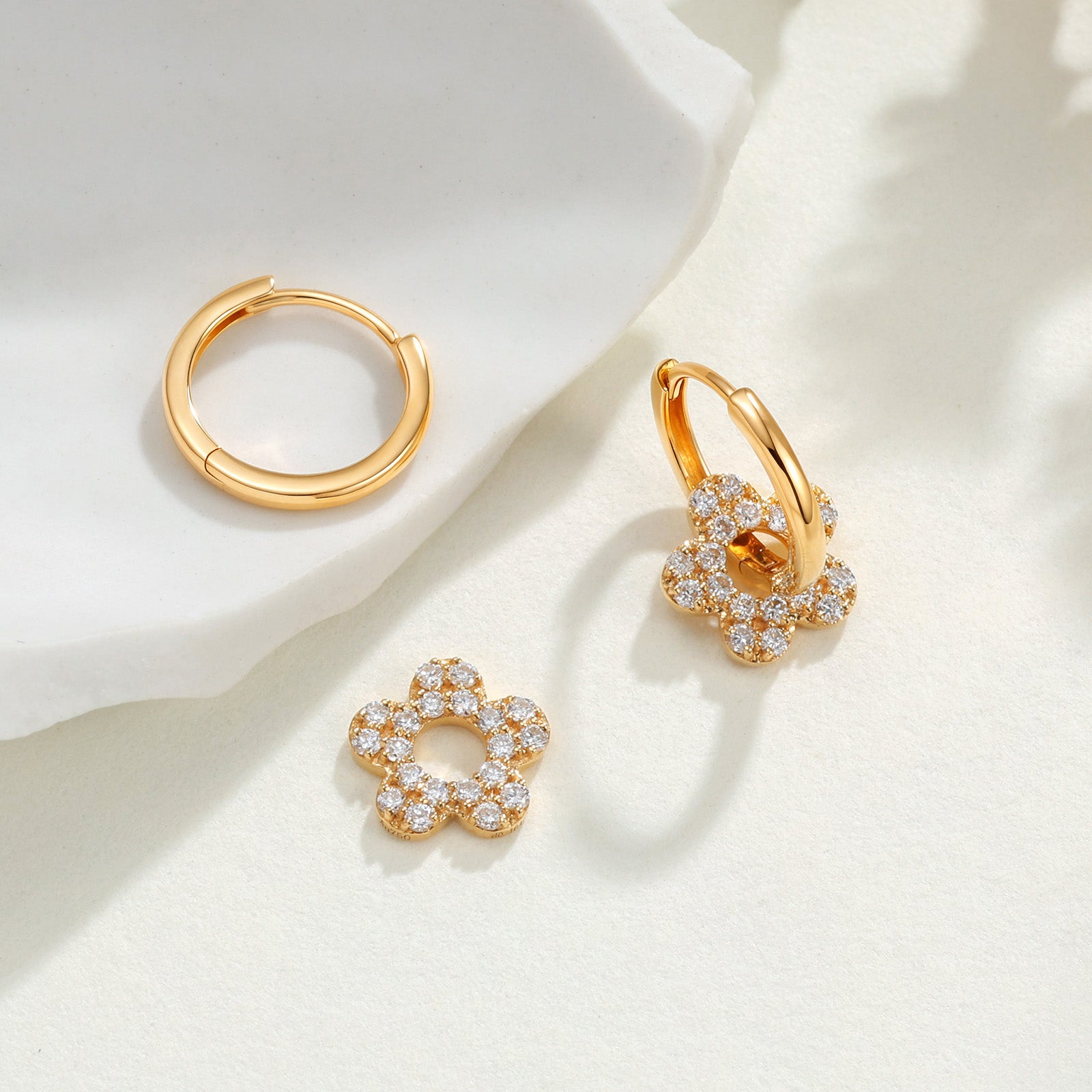 18K Yellow Gold Flower Diamond Hoop Earrings