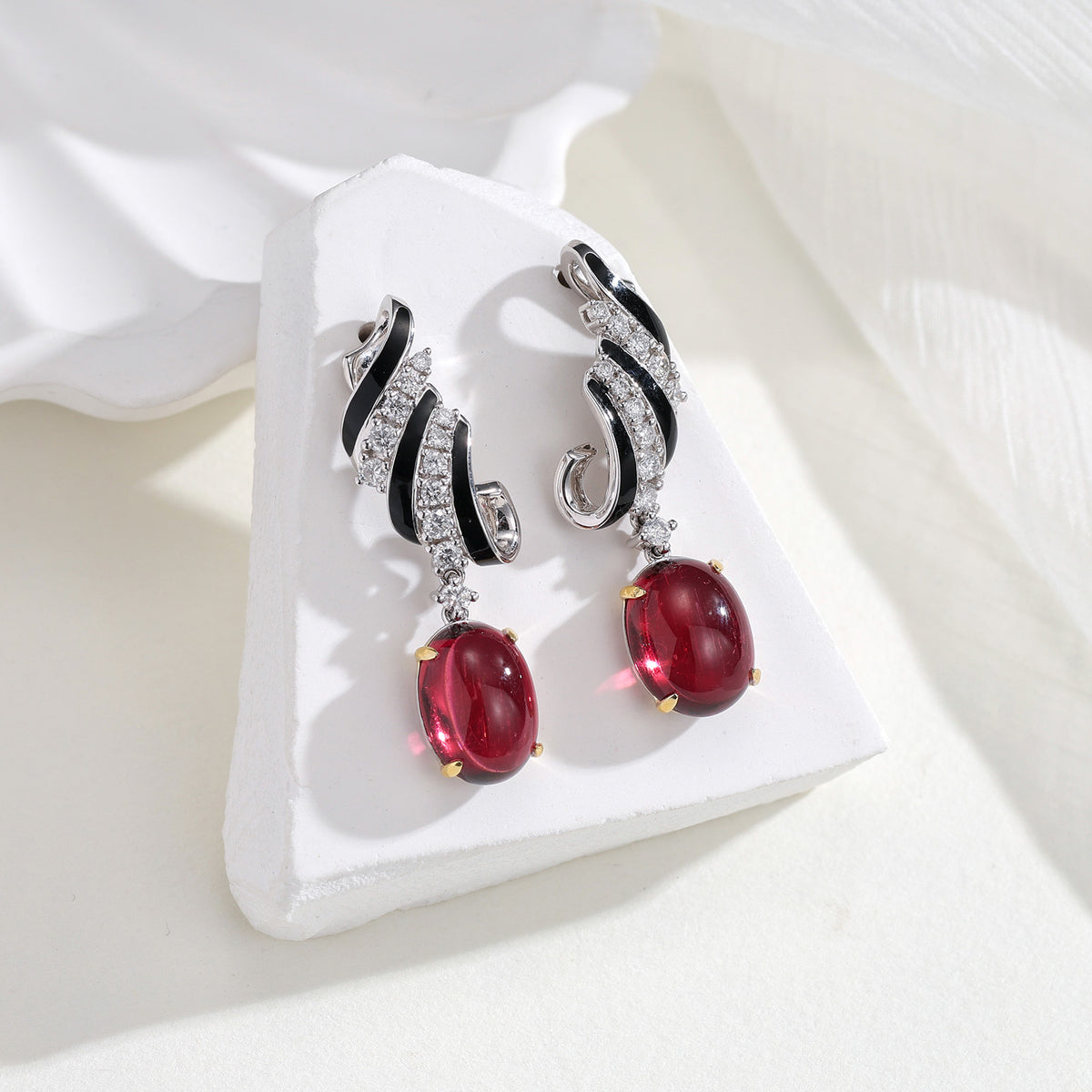 7.13CT Natural Tourmaline Black Enamel Diamond Drop Earrings in 18K