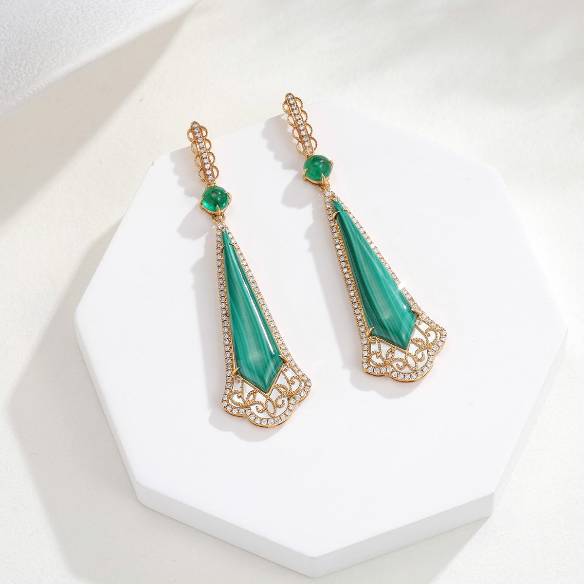 0.6CT Natural Emerald&Diamonds&Malachite Teardrop Drop Earrings in 18K Gold