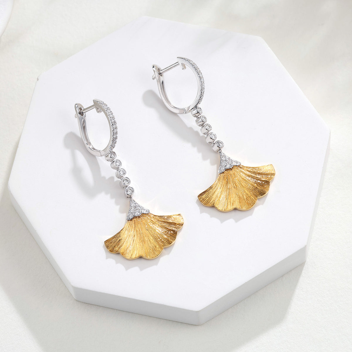 0.32CT Natural Diamond Ginkgo Leaf Drop Earrings in 18K