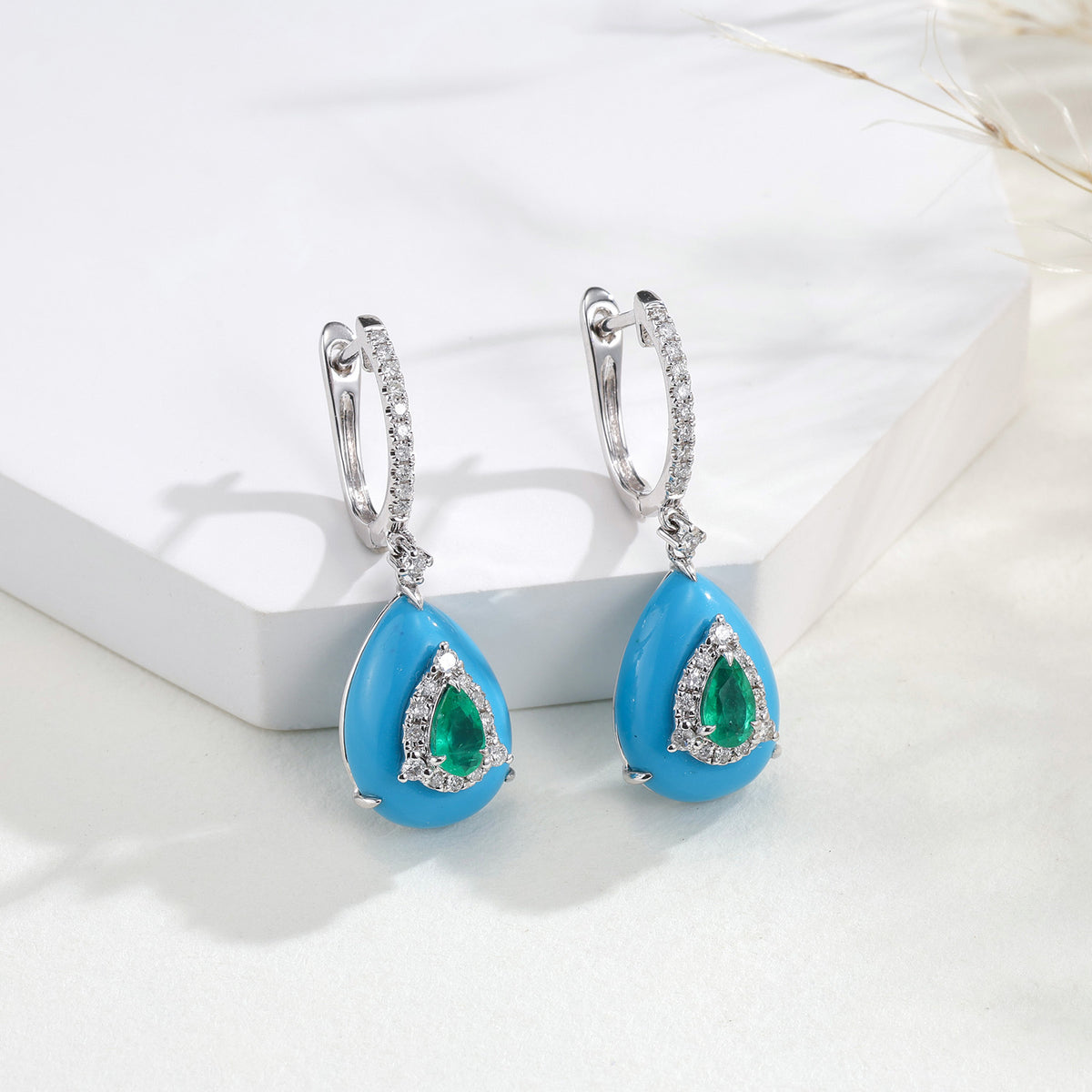 Natural Emerald Teardrop Diamond Earrings in 18K