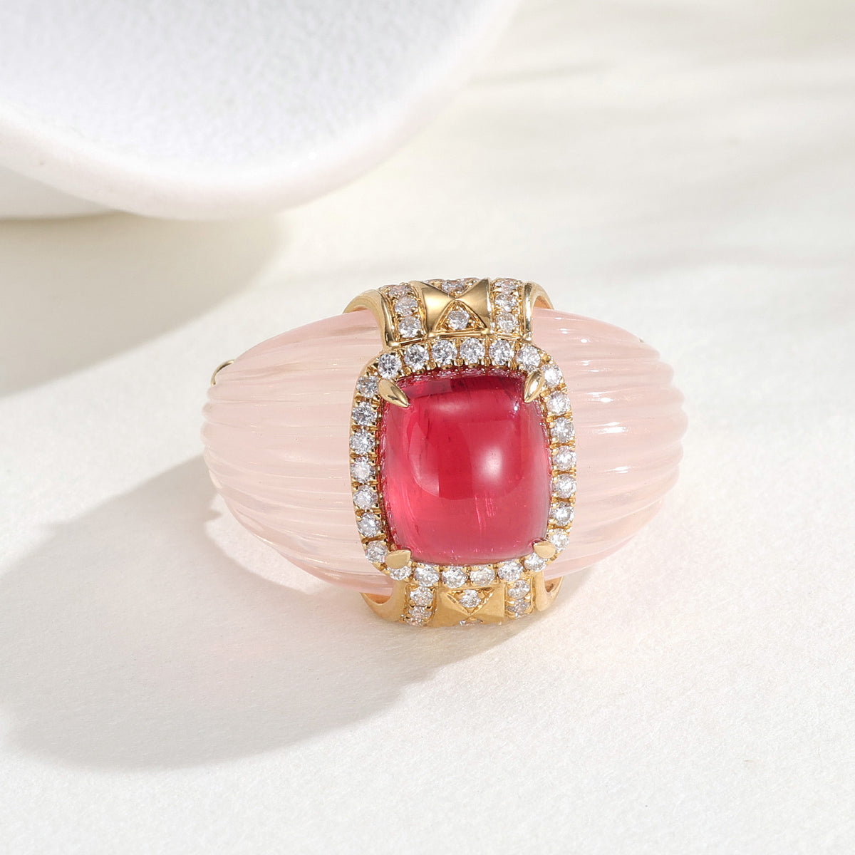 4CT Natural Tourmaline Rose Quartz Diamond Ring in 18K Gold