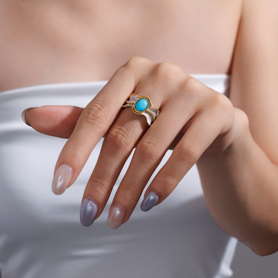 1.61CT Natural Turquoise Two-Tone Diamond Ring in 18K