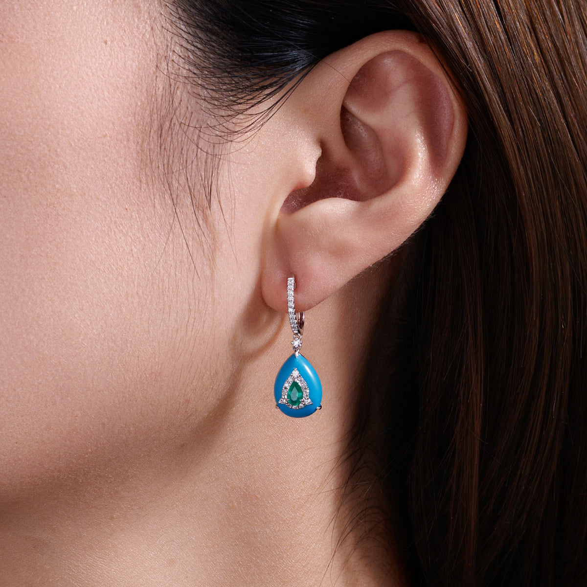 Natural Emerald Teardrop Diamond Earrings in 18K