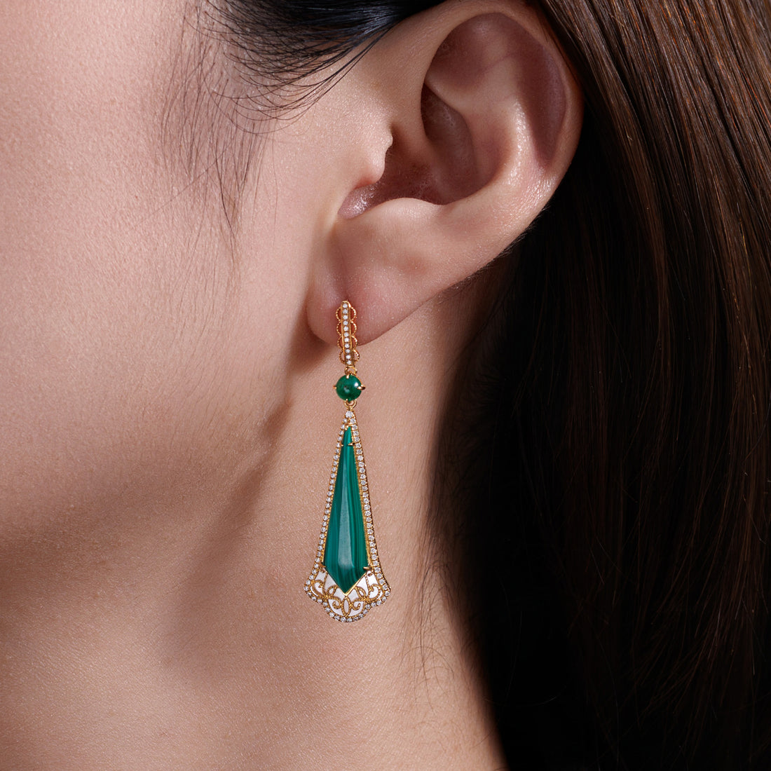 0.6CT Natural Emerald&Diamonds&Malachite Teardrop Drop Earrings in 18K Gold