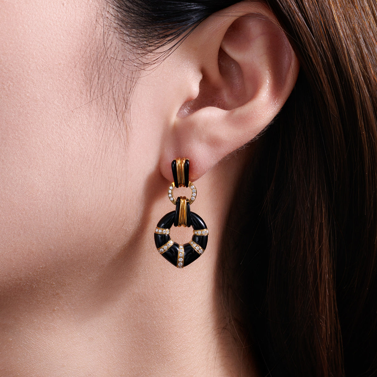 0.36CT Natural Diamond Black Enamel Hoop Earrings in 18K