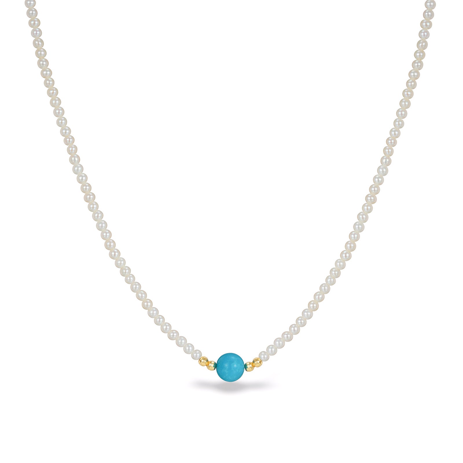 2.5mm Baby Akoya Pearl & 6mm Turquoise Bead Necklace S925 Silver Bamboo Joint Clasp
