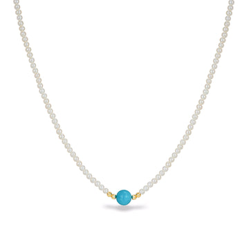 2.5mm Baby Akoya Pearl & 6mm Turquoise Bead Necklace S925 Silver Bamboo Joint Clasp