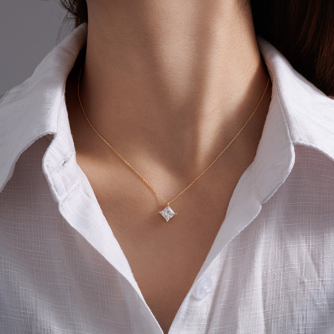 Princess Cut Lab Grown Diamond  Solitaire Necklace 18K (Model Wearing 1.5ct)