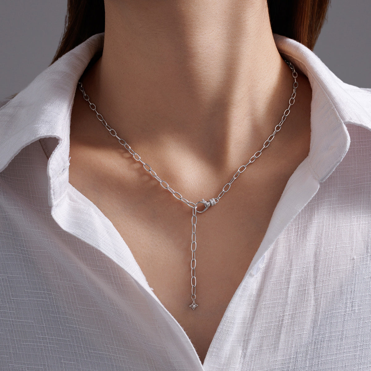 ⭐️Paperclip Lariat Necklace with Diamond Front Clasp in 18K Gold